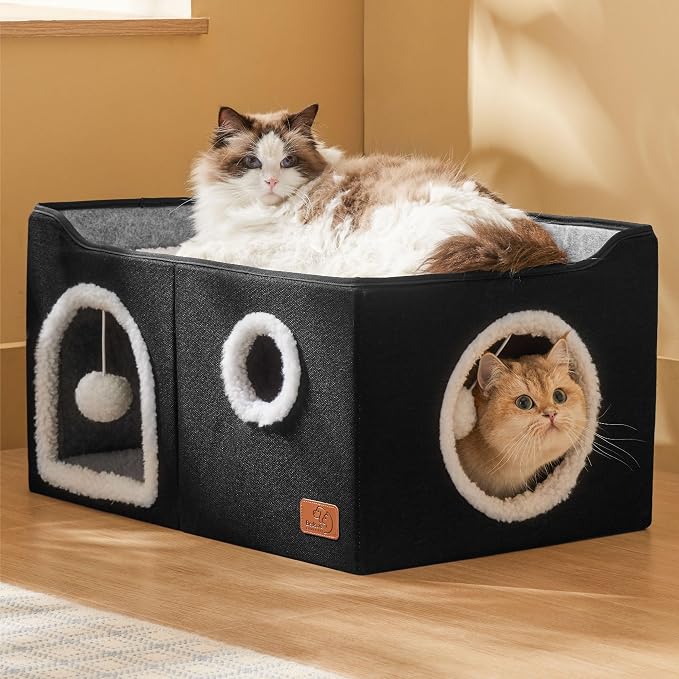 Bedsure Extra Wide Cat House Bed with Fluffy Ball and Scratch Pad,Black | 23.6x16.9x13 in,Indoor cat cave for multiple pets, Foldable cat hideway cube for sleeping large cat and kitten - Image 7