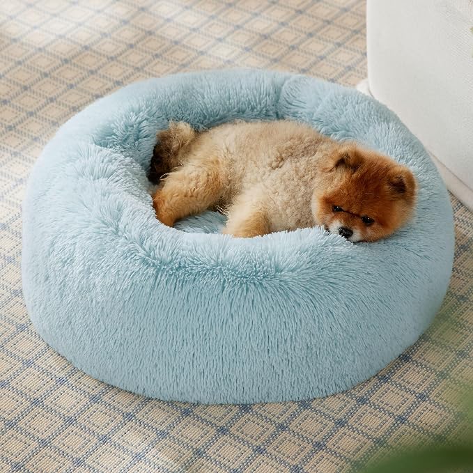 Bedsure Calming Small Dog Bed Donut Washable Cat＆Puppy Bed,23 inches | Fluffy Faux Fur Round Cuddler,Anti-Slip Bottom,Anti-Anxiety,Deep Sleeping for Large Cat & Pets Up to 25 Lbs,Aqua Blue - Image 4