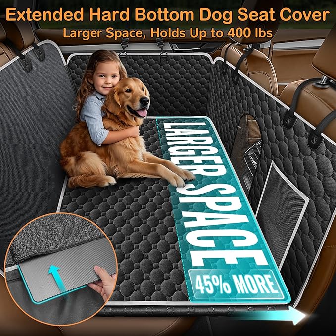 Mancro Back Seat Extender for Dogs with Detachable Mat,Hard Bottom Car Seat Cover for Dogs Supports 400lbs, Waterproof Dog Car Seat Cover for Back Seat, 600D Scratch-Proof Dog Hammock for Car,Black