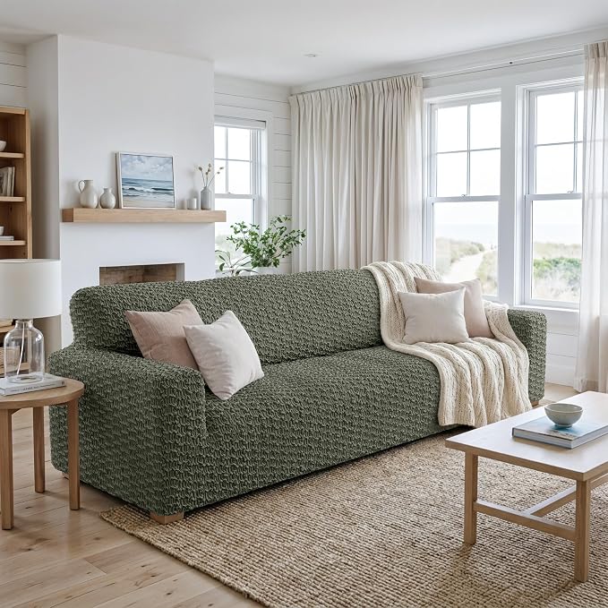 PAULTO BY GA.I.CO. Stretch Sofa Slipcovers – Soft Elastic Fabric Couch Cover for Armchair Loveseat 3-Seater & 4-Seater Sofa Cover – Non-Slip Furniture Protector Washable - Moss Green (86"-120" Wide) - Image 2