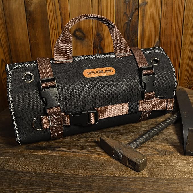 WELKINLAND Heavy-Duty Waxed Canvas Tool roll, 15-Pockets Tool Wrap Roll, 15L Tool Up Roll Bags, Tool Bag Roll, Tool roll organizer, Roll up tool bag organizer - Image 2
