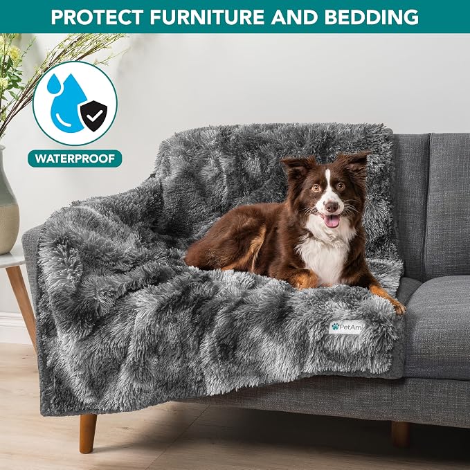 PetAmi Waterproof Dog Blanket for Couch, Bed & Furniture,Reversible Sherpa & Faux Fur Pet Blanket, Leakproof Pet Blanket for Large Dog Cat, Washable Soft Calming Protector Throw (60x80, Tie-Dye Gray) - Image 2