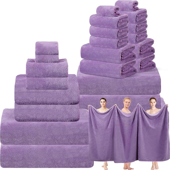 Mixweer 24 Piece Dark Purple Microfiber Absorbent Towel Set: 2 Oversized Bath Sheets, 4 Bath Towels, 6 Hand, 8 Washcloths, 4 Fingertip for Bathroom Spa Gym Camping Beach by Mixweer