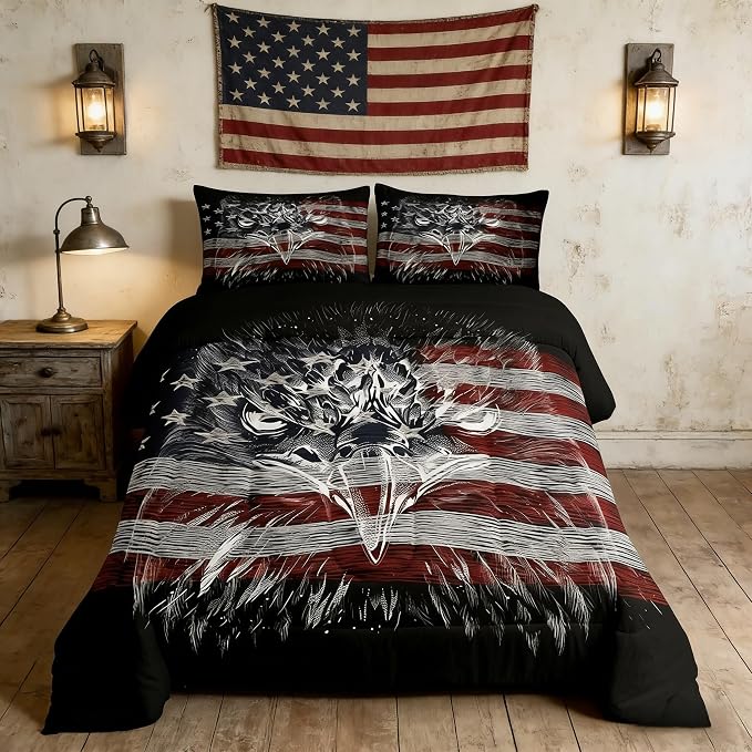 Homewish American Flag Comforter Set King Size, Eagle Bird Animal Print Stars Stripes USA Flag Bedding Comforters for Children Adult, American Culture Breathable Bedding Set, 2 Pillowcases, Bedspread by Homewish