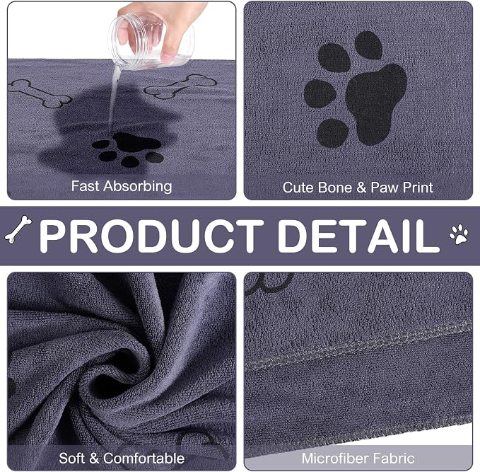Chumia 8 Pcs Microfiber Dog Towels for Drying Dogs Cats 18 x 28 Inch Pet Towels Bulk for Medium Puppy Absorbent Fast Drying Paw Bath Bathing Supplies for Pets(Dog Paw and Bone,Gray) - Image 3