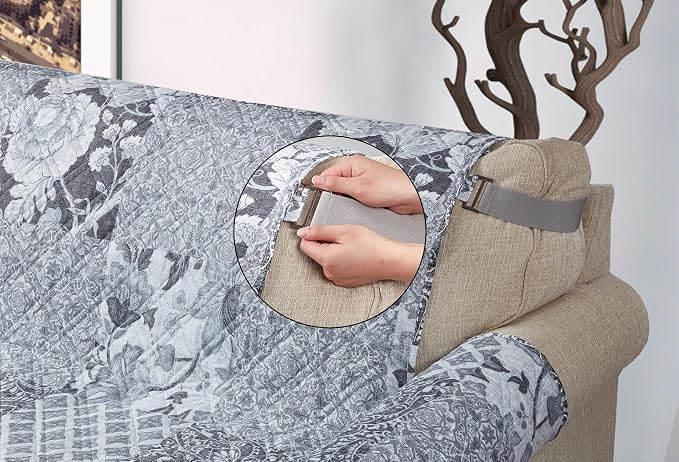 Brilliant Sunshine Multi Grey Flowers Couch Cover, 70" seat | Patchwork Design, Non Slip Sofa Cover, Quilted Furniture Protector, Large Washable Slipcover for Pets, Dogs & Cats - Image 4