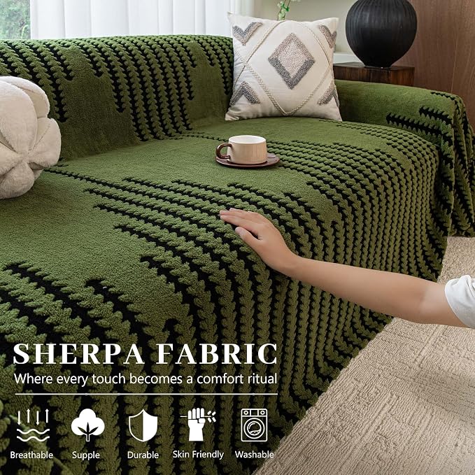Non Slip Couch Covers for 3-4 Cushion Couch Sofa, Pet Friendly Sofa Covers Washable, Heavy Duty Scratch Resistant Furniture Cover for Dogs Fits 3 Seat, 71" x 150", Green - Image 2