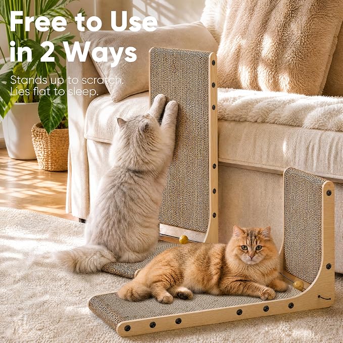 FUKUMARU Cat Scratcher 2 Packs, 25 Inch Cat Scratching Boards, L Shaped Pad | Cardboard Cat Scratcher for Indoor Cats, Vertical Scartch Pads with Ball Toy, Kitten Scratching Post Wall, Wood Color - Image 4