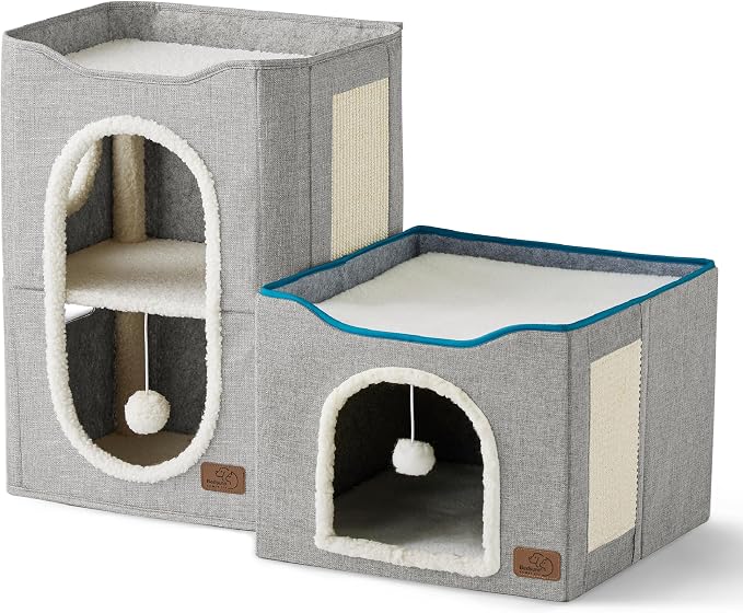 Bedsure 2 Story Cat House for Indoor Cats with Scratch Pad,18x14x23 Grey | Cat Bed Condo for Multiple Pets, With Fluffy Ball, Foldable Hideaway Pet Cave Cube for Sleeping Kitten - Image 8