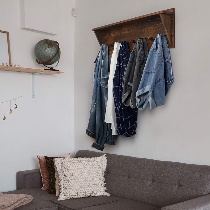 WEBI Coat Rack Wall Mount with Shelf,8 Peg Hooks,34" Long Rustic Entryway Wall Shelf with Hooks Underneath for Hanging Coats,Clothes,Bathroom,Rustic Brown - Image 7