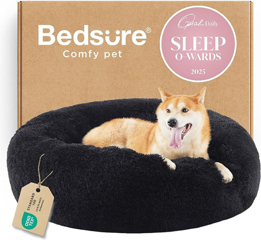 Bedsure Calming Dog Bed Medium Size Dog Donut Washable Pet Bed,30ins Black | Fluffy Faux Fur Round Cuddler,Machine Washable,Anti-Slip Bottom,Anti-Anxiety,Deep Sleeping for Pets Up to 45 Lbs by Unknown