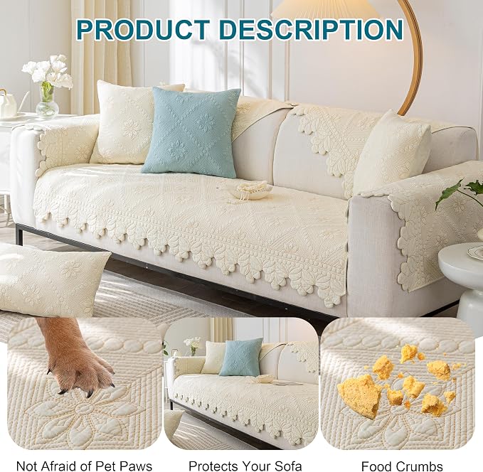 KRFOONN Cotton Quilted Dog Couch Cover for Sofa (Beige, 35.4" x 70.9") | Farmhouse Embroidery Sectional Couch Cover Washable, Soft Non Slip Sofa Slipcover Cushion Furniture Protector for Kids, Pets - Image 6