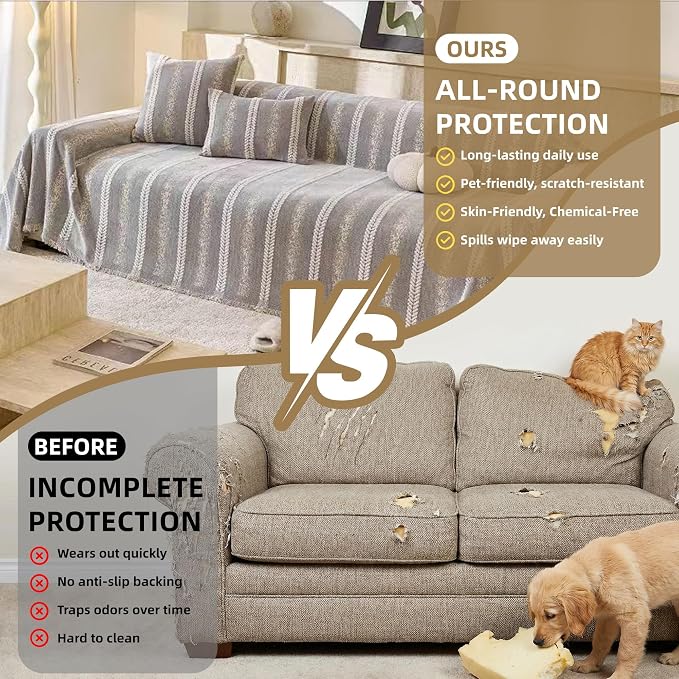 Couch Cover for Dogs Washable Sofa Cover, Sectional Couch Covers, Sofa Covers for 2 Cushion Couch, Non Slip Stripe Sofa Slipcovers Furniture Protector (Light Grey, 71 * 134) - Image 9