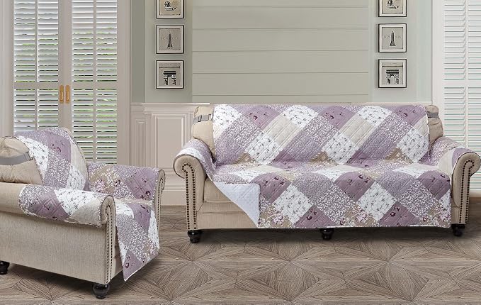 Brilliant Sunshine Lilac & Beige Roses Loveseat Cover, 54" seat | Non Slip Sofa Cover, Patchwork Design, Quilted Furniture Protector, Large Washable Love Seat Slipcover for Pets, Dogs & Cats - Image 6
