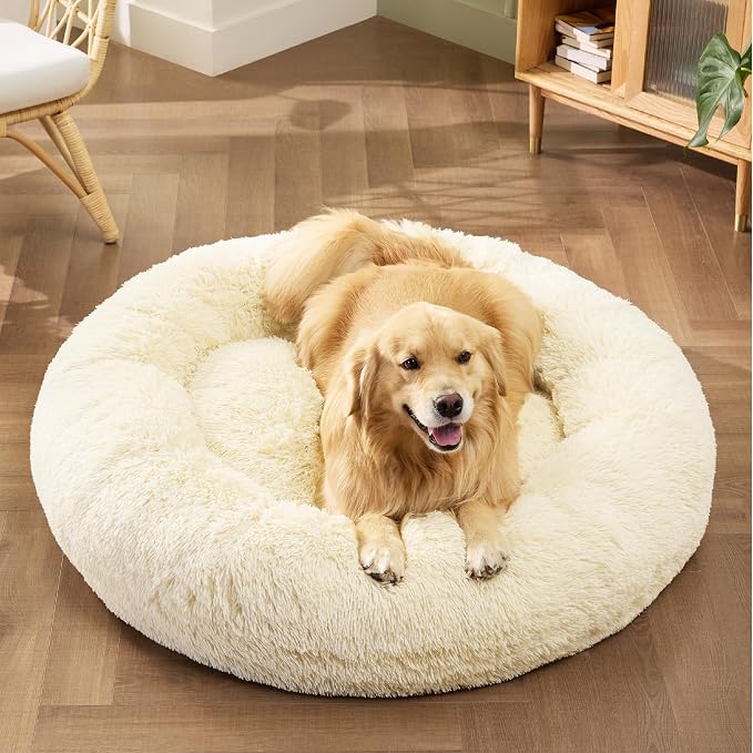Bedsure Calming XL Dog Bed Donut Washable Extra Large Pet Bed,45ins | Fluffy Faux Fur Round Cuddler,Machine Washable,Anti-Slip Bottom,Anti-Anxiety,Deep Sleeping for Pets Up to 120 Lbs,Ivory Beige - Image 4