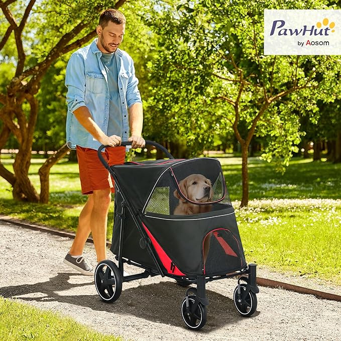 PawHut Dog Stroller for Large Medium Small Dogs up to 66 Lbs. 23.5" in Body Length, One-Click Foldable Pet Cat Stroller with Storage, Shock Absorption Wheels, Mesh Window, Safety Leash, Black