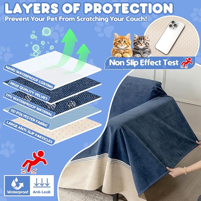 Loiion Cat Scratch Proof Furniture Protector Waterproof Sofa Cover 150"x91" | Pet-Friendly Couch Protector, Anti-Scratch & Anti-Slip Sofa Cover For Cats Dogs Kids, Machine Washable - Image 5