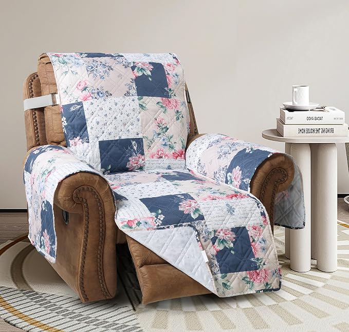 Brilliant Sunshine Vintage Indigo and Pink Roses Recliner Cover, 26" seat | Traditional Patchwork Design, Non Slip Sofa Cover, Quilted Furniture Protector, Washable Reclining Chair Slipcover for Pets by BrilliantSunshine