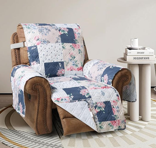 Brilliant Sunshine Vintage Indigo and Pink Roses Recliner Cover, 26" seat | Traditional Patchwork Design, Non Slip Sofa Cover, Quilted Furniture Protector, Washable Reclining Chair Slipcover for Pets by BrilliantSunshine