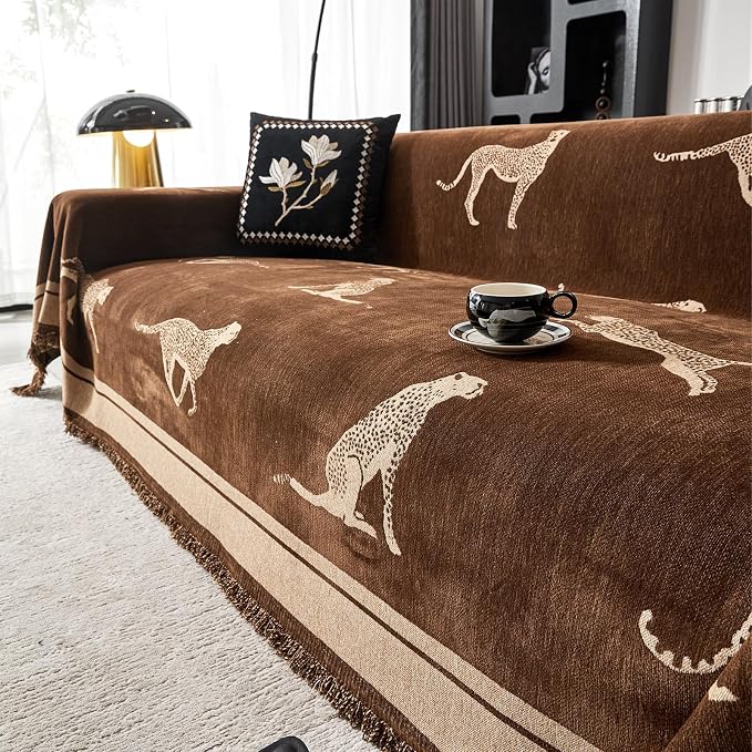 Leopard Print Chenille Sofa Cover Throw Blanket, Non-Slip Furniture Protector with Tassel Edges, Machine Washable, Pet & Kid Friendly for Living Room (Brown) (71"x165") by Evaloome