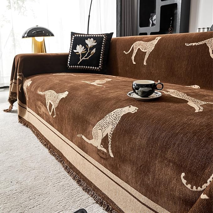 Leopard Print Chenille Sofa Cover Throw Blanket, Non-Slip Furniture Protector with Tassel Edges, Machine Washable, Pet & Kid Friendly for Living Room (Brown) (90"x134") by Evaloome