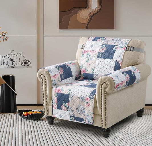 Brilliant Sunshine Vintage Indigo and Pink Roses Armchair Cover, 23" seat | Traditional Patchwork Design, Non Slip Sofa Cover, Quilted Furniture Protector, Washable Chair Slipcover for Pets, Dogs by BrilliantSunshine