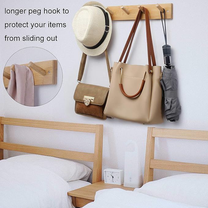 WEBI Coat Rack Wall Mounted,16" Hole to Hole,Coat Hanger Wall Mount with 5 Hooks for Hanging Coats,Hook Rack Peg Rail for Hats,Jacket,Clothes,Towels,Natural,2 Packs - Image 5