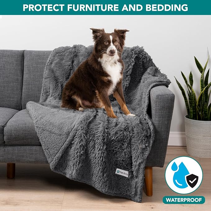 PetAmi Waterproof Dog Blanket for Couch, Bed & Furniture,Reversible Sherpa & Faux Fur Pet Blanket, Leakproof Blanket for Puppy Cat, Washable Soft Calming Pet Couch Protector (29x40, Gray) - Image 2