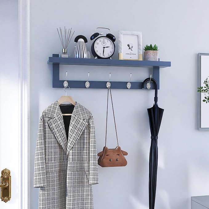 SMIBUY Coat Hooks with Shelf Wall-Mounted, 29.2 Inch Entryway Coat Rack for Wall, Bamboo Hanging Shelf with 5 Double Metal Hooks for Bathroom, Bedroom, Kitchen, Living Room, Mudroom (Grey) - Image 3