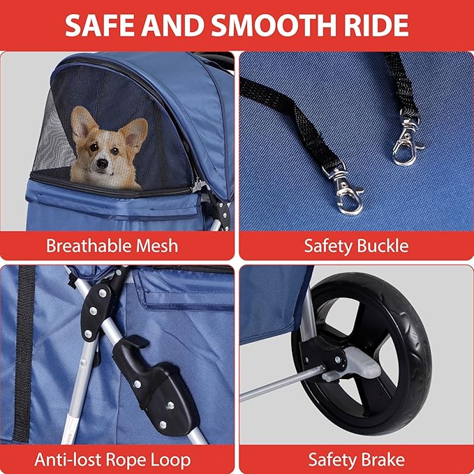 Pet Stroller 4 Wheels Dog Cat Stroller for Small Medium Dog Cats Carrier Jogger Travel Foldable Puppy with Storage Basket and Cup Holder (Navy Blue)