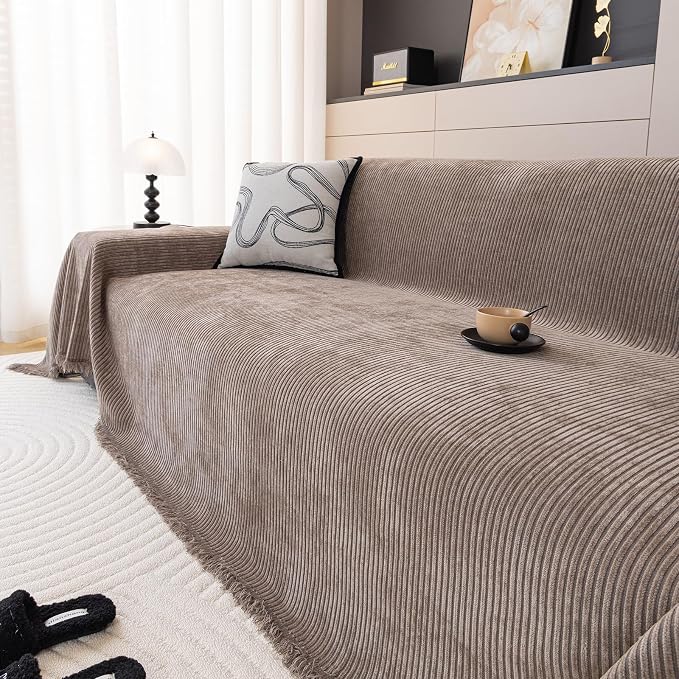 DREAMINGO Modern Minimalist Sofa Covers Washable Pet Furniture Protector Couch Cover for Dogs Cozy Chenille Couch Cover Blanket Stripe Textured Sectional Couch Slipcovers (XX-Large, Coffee) - Image 2