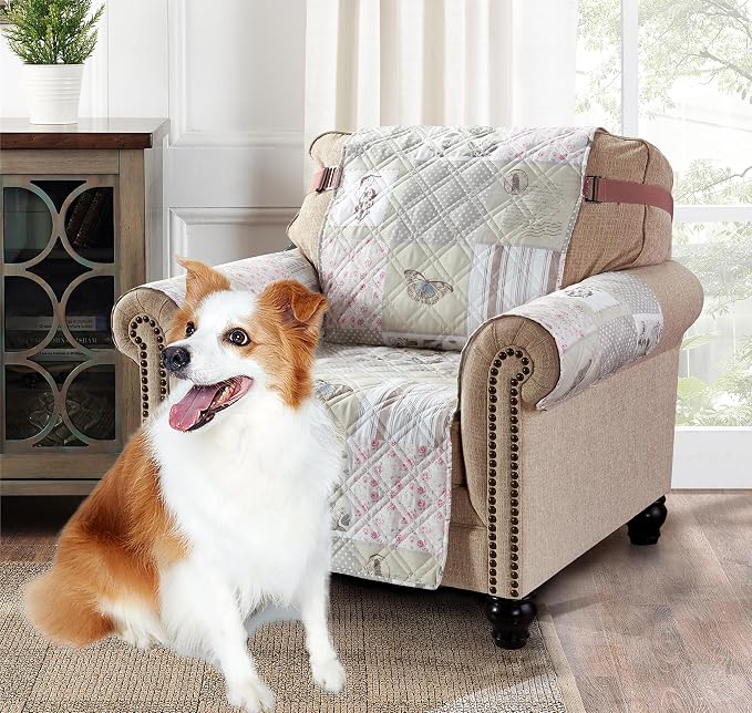 Brilliant Sunshine Grey Cupid & Pink Roses Couch Armchair Cover, 23" seat | Patchwork Design, Non Slip Sofa Cover, Quilted Furniture Protector, Washable Chair Slipcover for Pets, Dogs & Cats by BrilliantSunshine