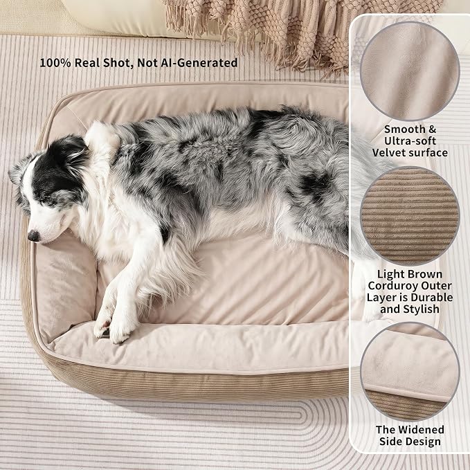 FAIRYPET Deluxe Plush Dog Beds for Medium to Large Dogs, 3D Crimped Siliconized Hollow Fiber Fill，Soft Breathable，Washable Dog Bed, Plush Faux Fur & Corduroy,Durable Pet Bed with Anti-Slip Bottom - Image 2