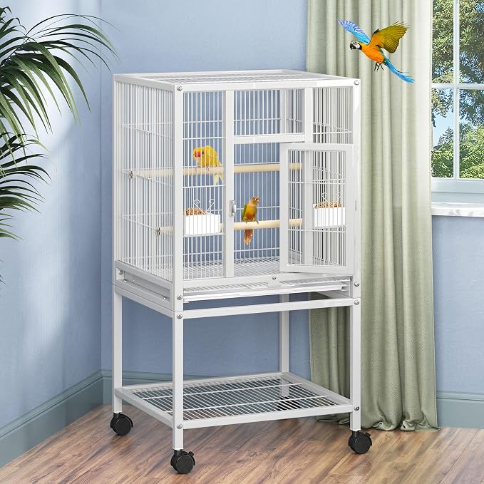 DWVO 41-inch Metal Bird Cage: Large Parrot Cages with Rolling Stand​ - Features Tray, Food Boxes & Wooden Perches for Parakeets, Lovebirds, Cockatiels, Finches and Pigeons, White by DWVO