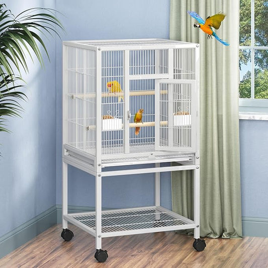 DWVO 41-inch Metal Bird Cage: Large Parrot Cages with Rolling Stand​ - Features Tray, Food Boxes & Wooden Perches for Parakeets, Lovebirds, Cockatiels, Finches and Pigeons, White by DWVO