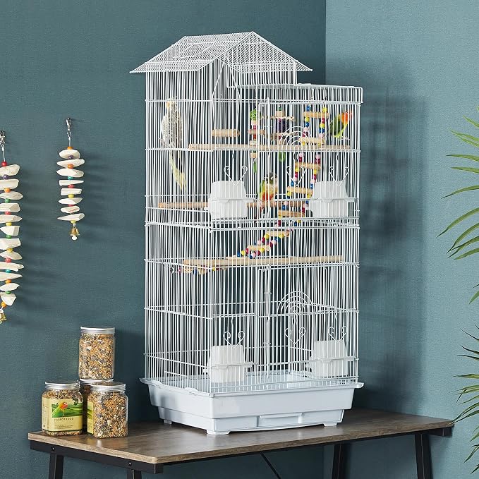 Yaheetech 39-inch Roof Top Medium Parakeet Bird Cages for Cockatiels Conures Finches Budgies Canaries Lovebirds Parakeets Green Cheek Small Birds Parrots, Travel Flight Birdcage w/Toys, White - Image 2