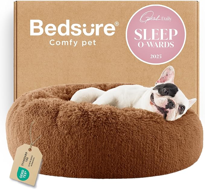 Bedsure Calming Small Dog Bed Donut Washable Cat＆Puppy Bed,23 inches Copper | Fluffy Faux Fur Round Cuddler,Machine Washable,Anti-Slip Bottom,Anti-Anxiety,Deep Sleeping for Large Cat & Pets Up to 25 Lbs by Unknown