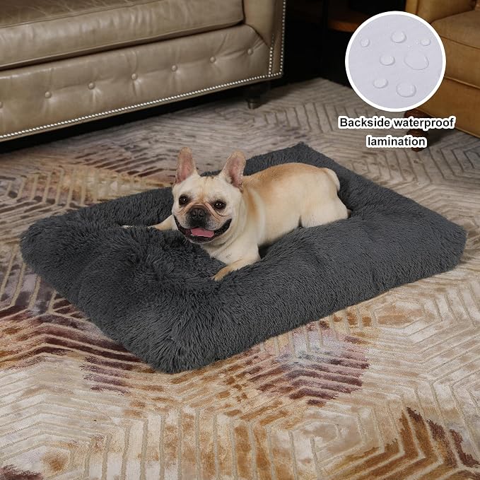 Bedfolks Waterproof Dog Crate Bed,Plush Dog Crate Pad with Removable Cover,Faux Fur Dog Bed for Medium Dogs,Fluffy Washable Dog Kennel Bed 29"x21",Solid Dark Grey - Image 2
