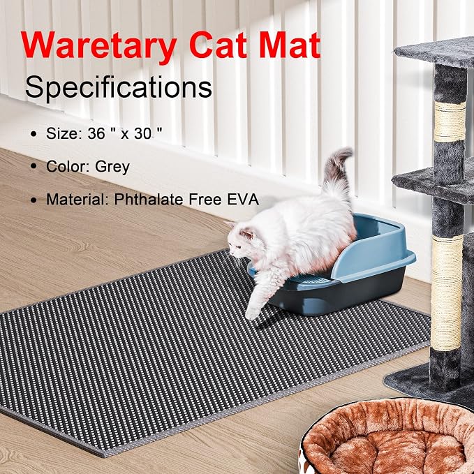 Waretary Large Cat Litter Mat, 36"x30" Waterproof Scatter Control Grey | Double Layer Litter Recycling, Easy to Clean, Non-Slip, Durable, Paw-Friendly, Safe & Odorless, Fits Large Litter Boxes - Image 2