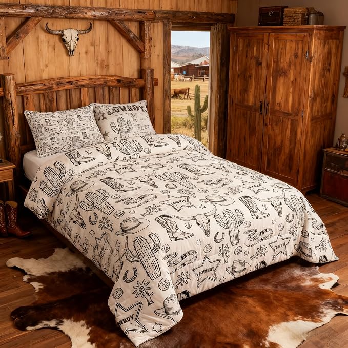 Homewish Western Cowboy Kids Comforter Set Twin Size,Cow Skull Horseshoe Cactus Rustic Bedding Set,Adults Bedroom Decor,Cowboy Boot Hat Farmhouse Down Comforter,Retro Duvet Insert,1 Pillowcase - Image 5