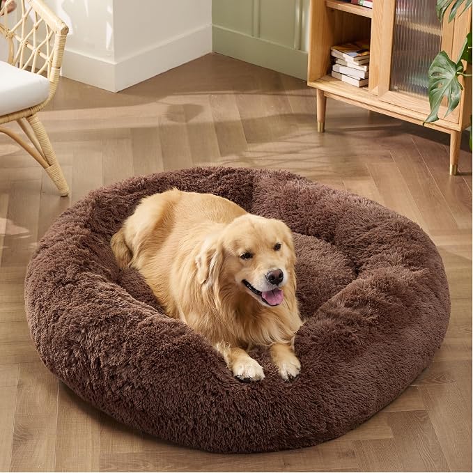 Bedsure Calming XL Dog Bed Donut Washable Extra Large Pet Bed,45ins Coffee | Fluffy Faux Fur Round Cuddler,Machine Washable,Anti-Slip Bottom,Anti-Anxiety,Deep Sleeping for Pets Up to 120 Lbs - Image 4