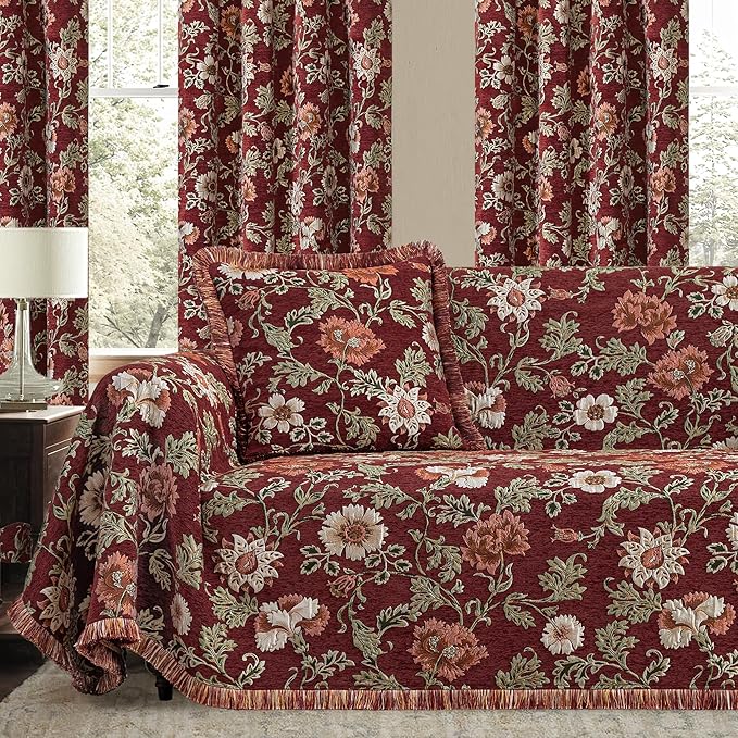 Loom and Mill Luxury Floral Jacquard Sofa Couch Covers, Rust Red, 71"x118" | Rustic Chenille Sofa Throw Cover with Tassels for 2-3 Cushion Couch, Sectional Couch Cover Sofa Slipcover for Dogs Pets by LoomandMill