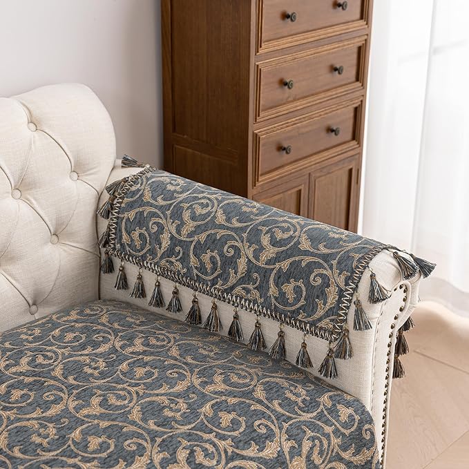 Loom and Mill Chenille Sofa Arm Covers 2 PCS, Blue-Grey+Khaki, 20x24in | Elegant Acanthus Jacquard Couch Armrest Cover with Tassels, Non-Slip Furniture Protector for Chair Sofa Recliner Couch Dogs by LoomandMill
