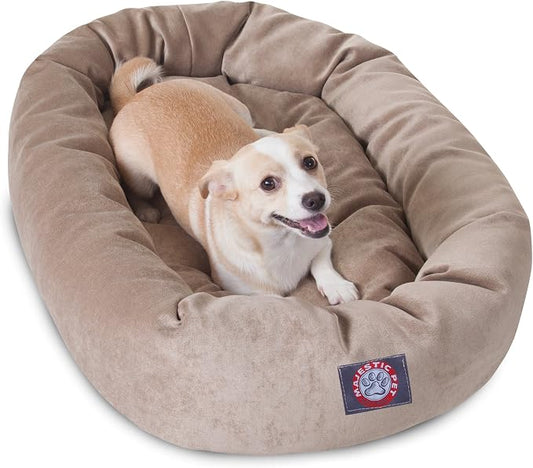 Majestic Pet 32 Inch Micro Velvet Calming Dog Bed Washable – Cozy Soft Round Dog Bed with Spine for Head Support - Fluffy Donut Puppy Mat 32x23x7 (inch) Medium – Pearl by MajesticPet