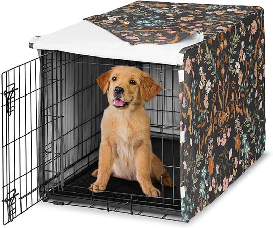 Sweet Jojo Designs 36in. Medium Dog Crate Cover (Black Boho Wildflower) Pet Cage, Kennel Covers (Vintage, Floral, Leaves, Botanical, Paisley, Flower, Bohemian, Farmhouse, Orange, Teal Blue, Turquoise) by SweetJojoDesigns