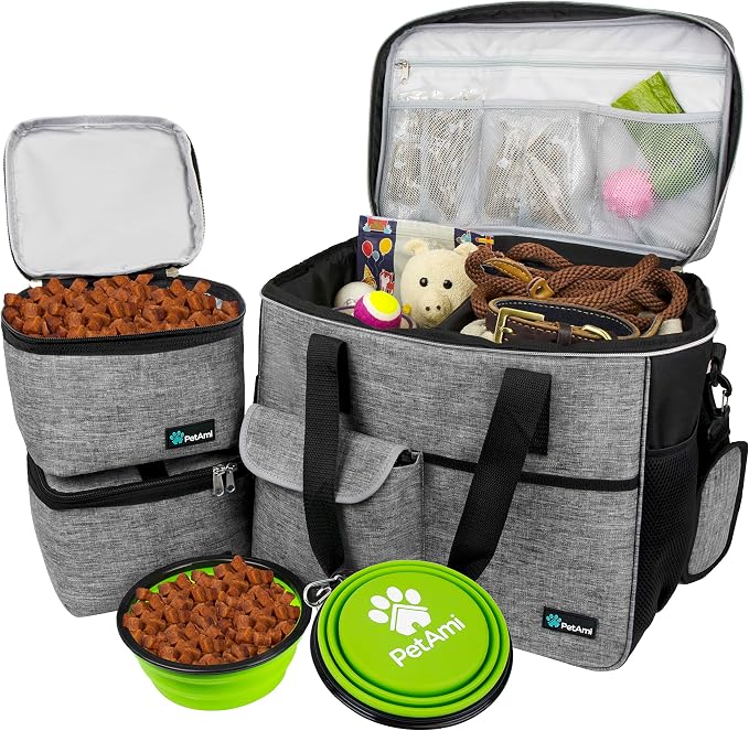 PetAmi Dog Travel Bag Organizer, Pet Travel Kit with 2 Food Containers & 2 Collapsible Dog Bowls, Pet Supplies Tote with Luggage Sleeve, Weekend Road Trip Camping Essentials, Gray, Large by PetAmi
