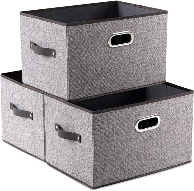 PRANDOM Larger Collapsible Storage Bins for Closet [3-pack] Decorative Linen Fabric Storage Baskets Cubes with Leather/Metal Handles for Living Room Cloth Grey and Black Trim (17.3x12.2x10.4 Inch) by Prandom