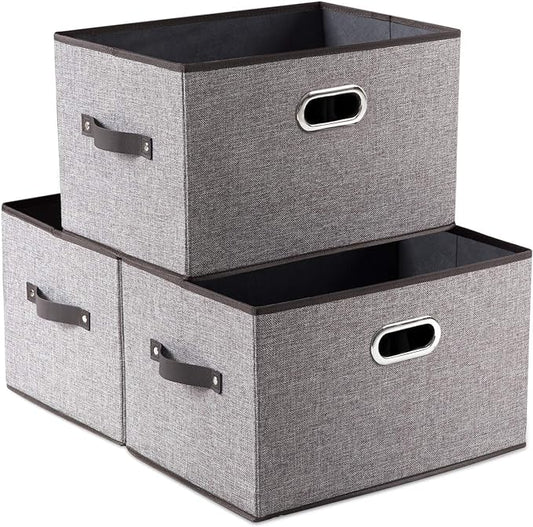PRANDOM Larger Collapsible Storage Bins for Closet [3-pack] Decorative Linen Fabric Storage Baskets Cubes with Leather/Metal Handles for Living Room Cloth Grey and Black Trim (17.3x12.2x10.4 Inch) by Prandom