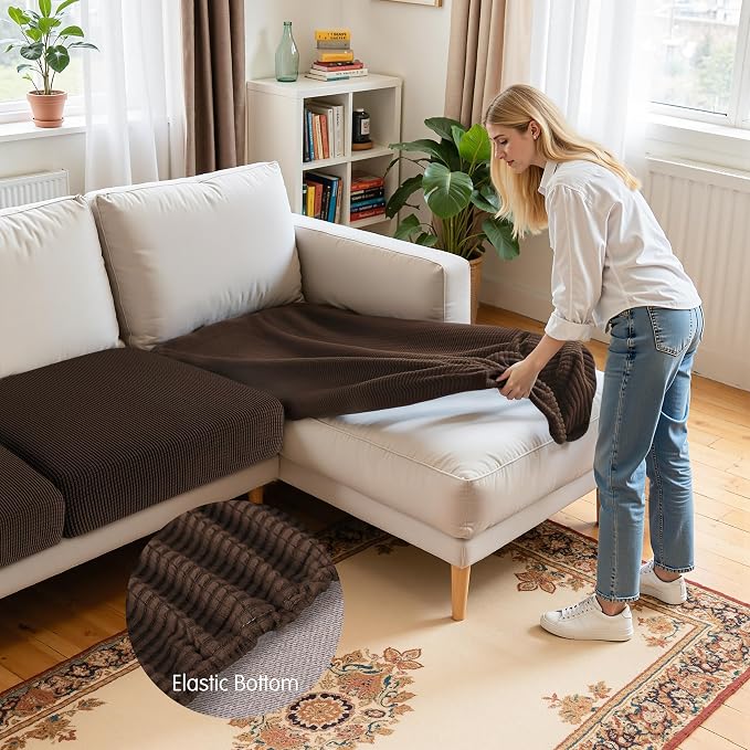 Hokway Chaise Cover and Couch Cushion Covers Set, Separate Sectional Sofa Cushion Slipcovers, Reversible Cushion Protector for L-Shaped Sofa(2 Pieces for Seater & 1 Piece for Chaise, Chocolate) - Image 5