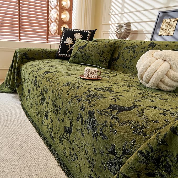 STACYPIK Modern Jacquard Sofa Cover for Dogs, Green Floral & Deer Couch Cover for 3 Cushion Couch, Washable Chenille Tassels Pets Furniture Protector, Aesthetic Throw Cover Blanket, Christmas-71X150IN - Image 8